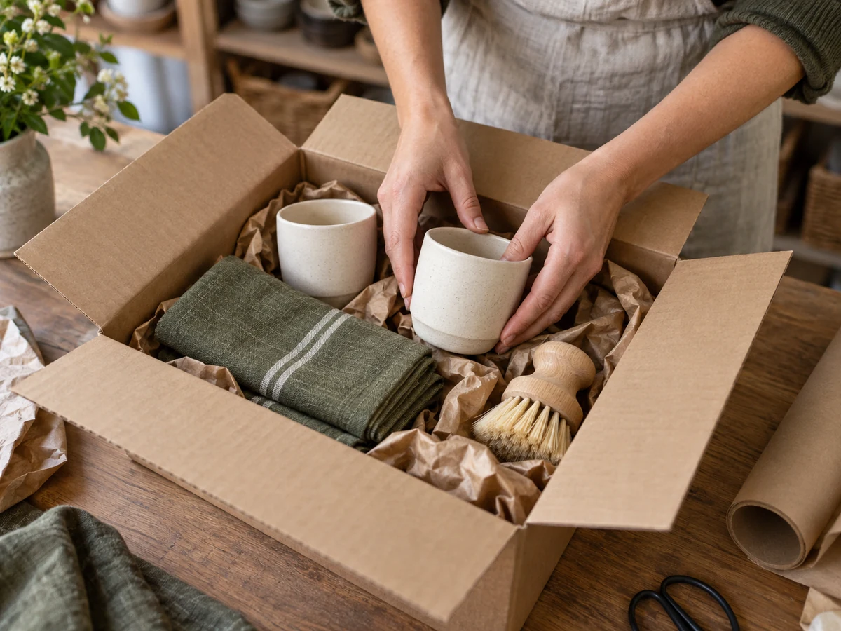 Preparazione di un ordine con tazze, tessili e accessori per la casa in una scatola da spedizione
