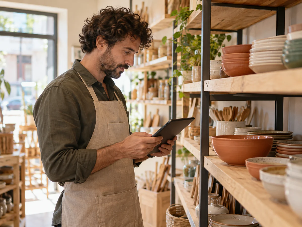 Commerciante con un tablet che controlla il proprio negozio online tra gli scaffali dei prodotti