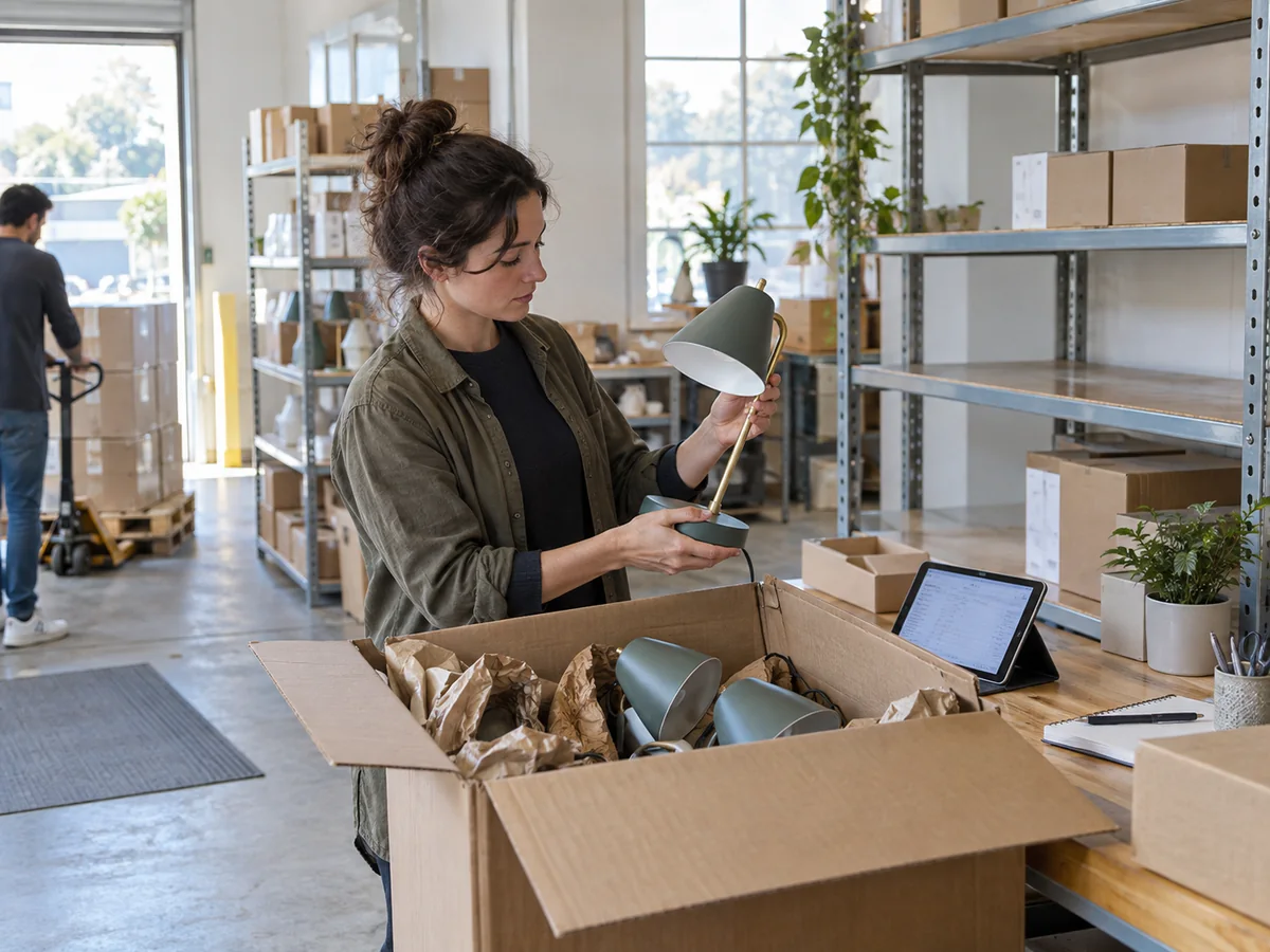 Responsabile ecommerce che controlla una lampada appena arrivata in magazzino, accanto a un tablet e a scatole aperte