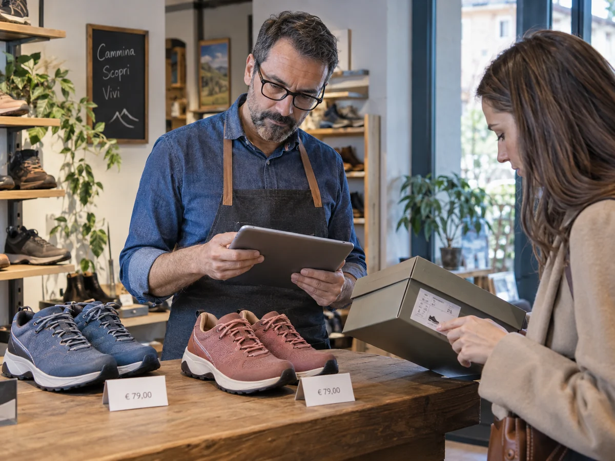 Addetto confronta varianti di scarpe e cartellini sul banco con il catalogo su un tablet