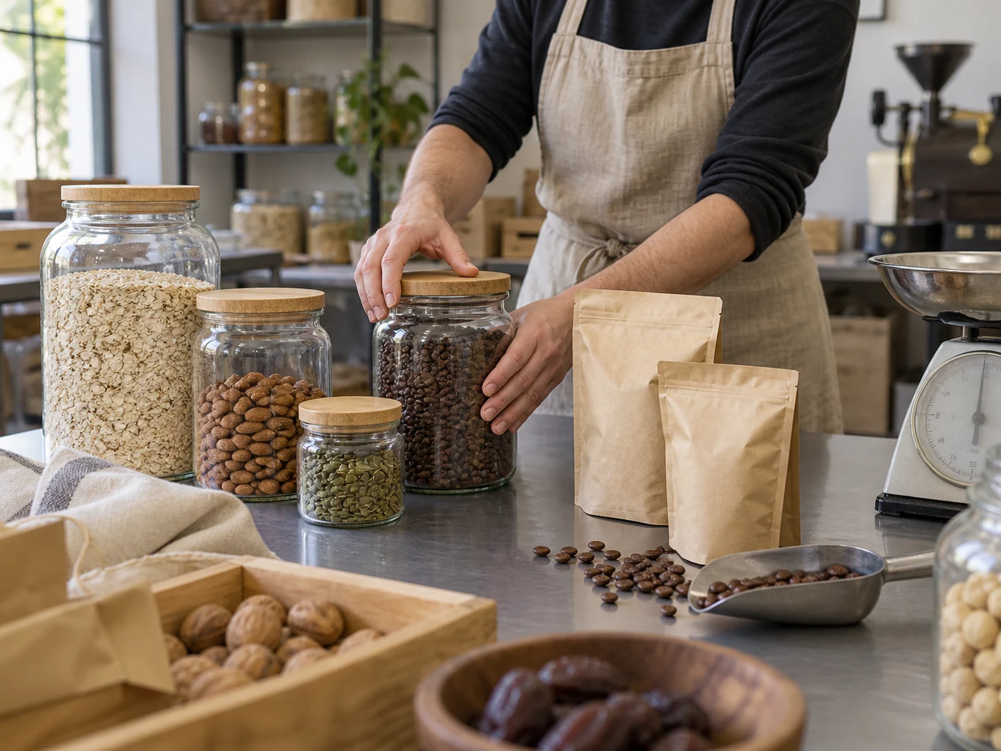 Confezioni di alimenti di quantità differenti vengono preparate accanto a una bilancia