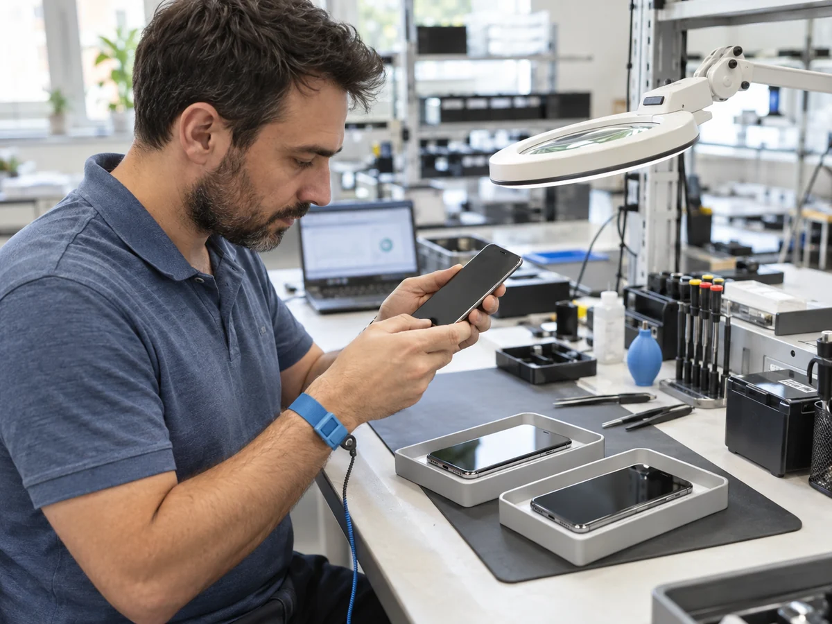 Tecnico che controlla dispositivi ricondizionati su un banco di lavoro in un laboratorio luminoso