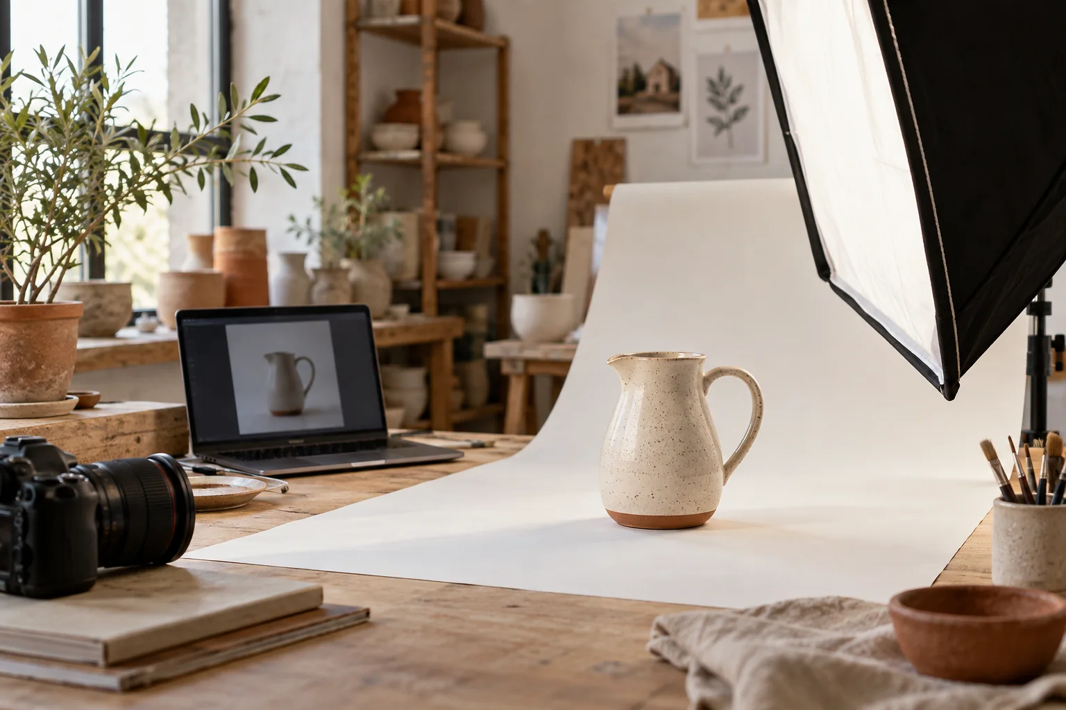 Piccolo set fotografico per prodotti in ceramica con computer portatile e luce naturale