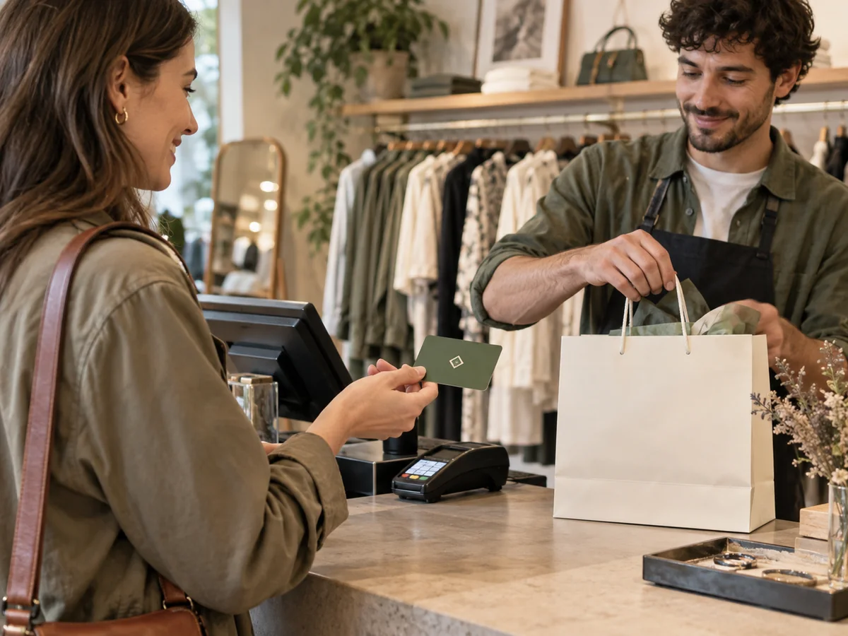Cliente che presenta una tessera fedeltà alla cassa di un negozio di abbigliamento.