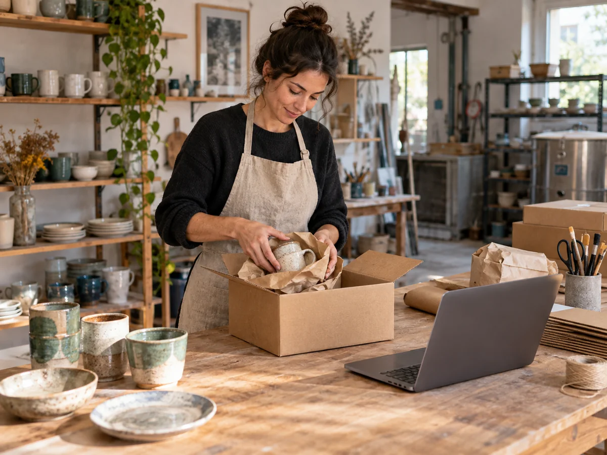 Postazione di un piccolo ecommerce con prodotti artigianali, scatole per spedizioni e portatile
