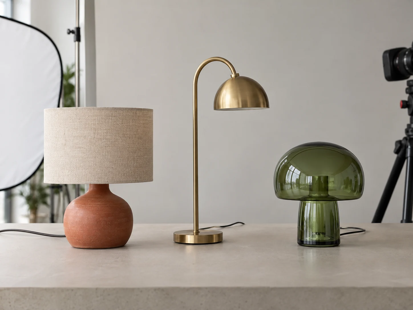 Tre lampade da tavolo in ceramica, ottone e vetro verde esposte in un set fotografico per prodotti