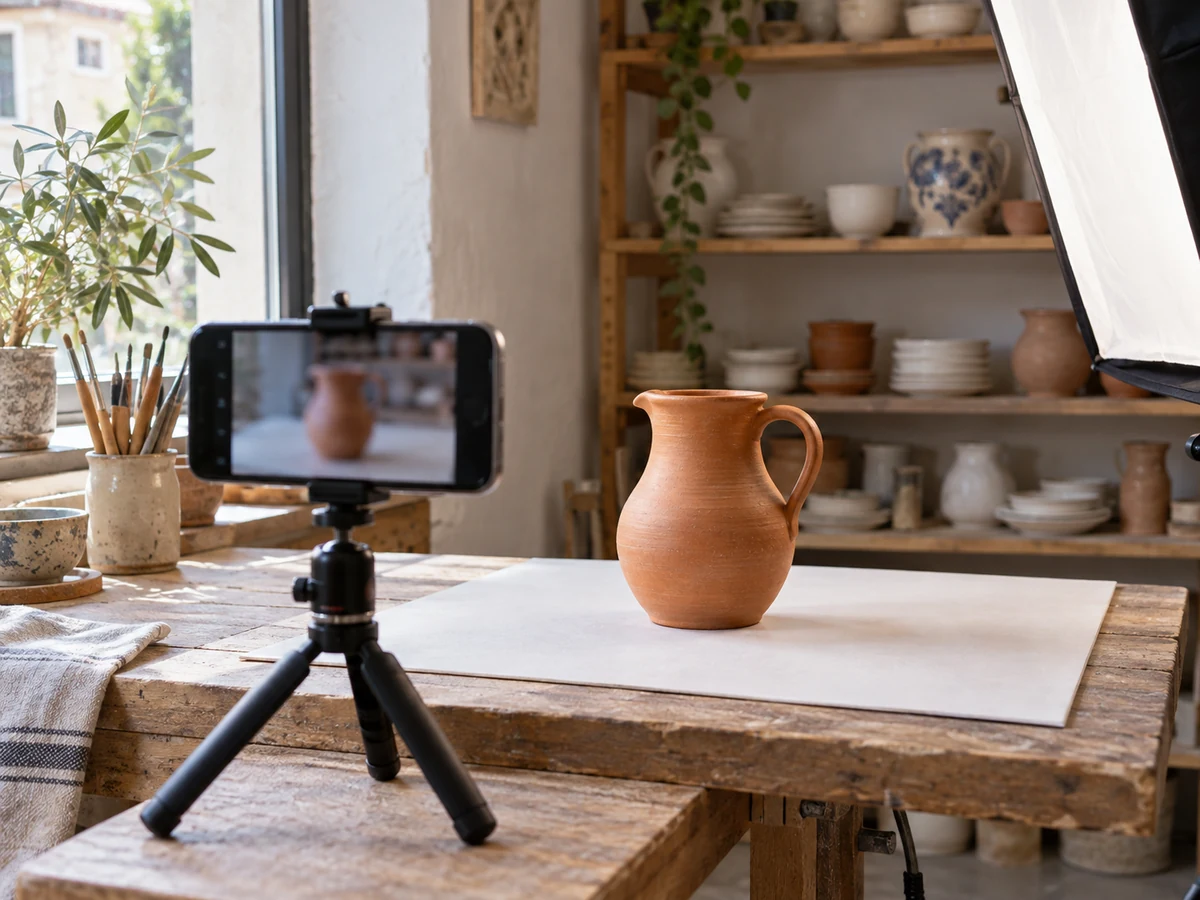 Smartphone su treppiede davanti a una brocca in terracotta in un piccolo set di ripresa prodotto