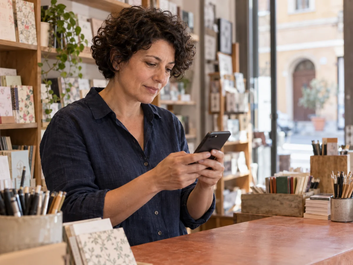 Titolare di una cartoleria controlla un messaggio sullo smartphone dietro il banco