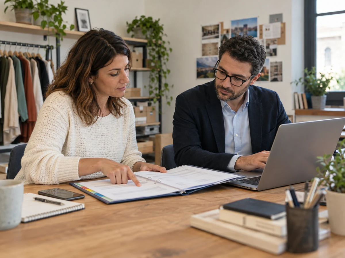 Titolare di un’attività e consulente controllano un fascicolo di lavoro accanto a un portatile