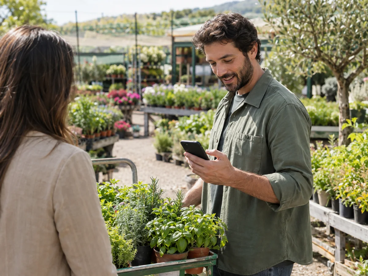 Addetto di un vivaio risponde dal telefono accanto a un carrello di piante aromatiche