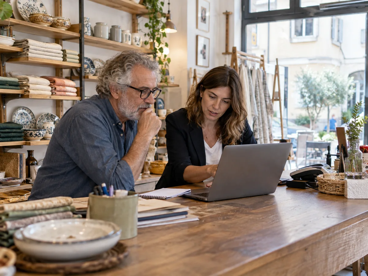 Titolare di un negozio e consulente che esaminano una campagna al portatile su un banco con prodotti artigianali