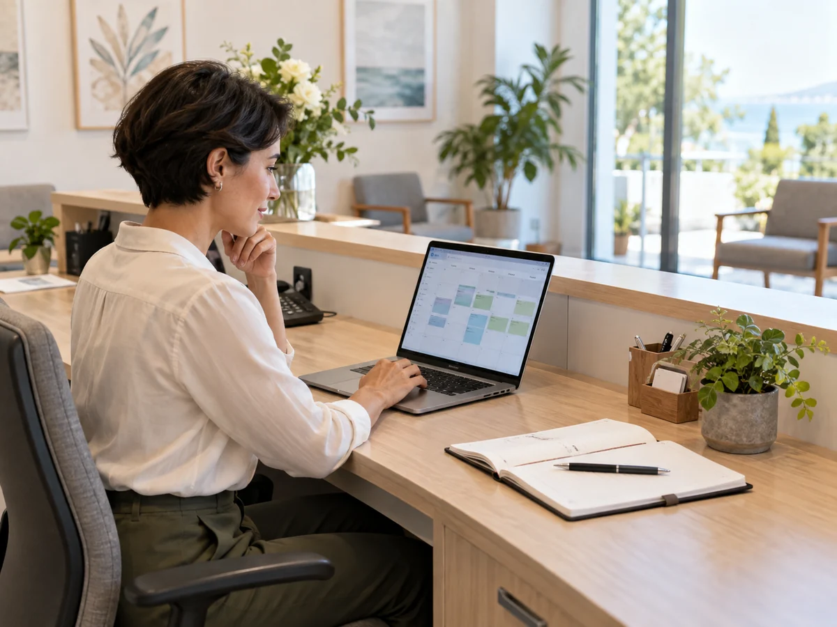 Una receptionist controlla sul portatile il calendario degli appuntamenti in un ufficio luminoso