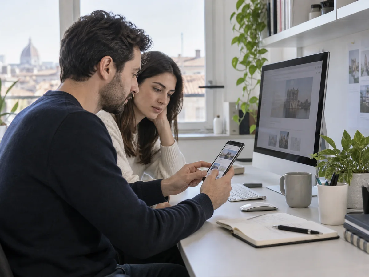 Persona che prova un sito su smartphone mentre una collega osserva la navigazione al computer in uno studio luminoso