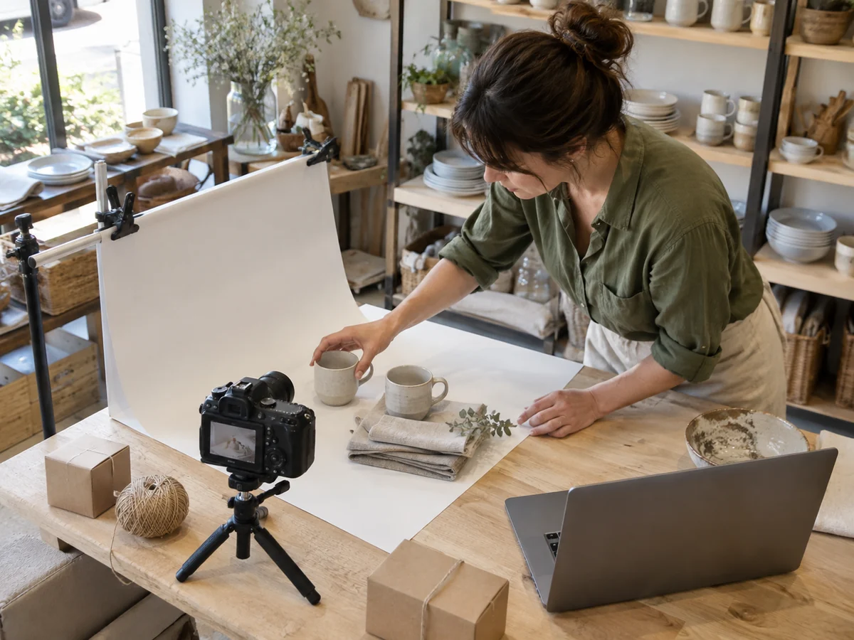 Negoziante prepara prodotti e confezioni in un piccolo set fotografico accanto al computer.