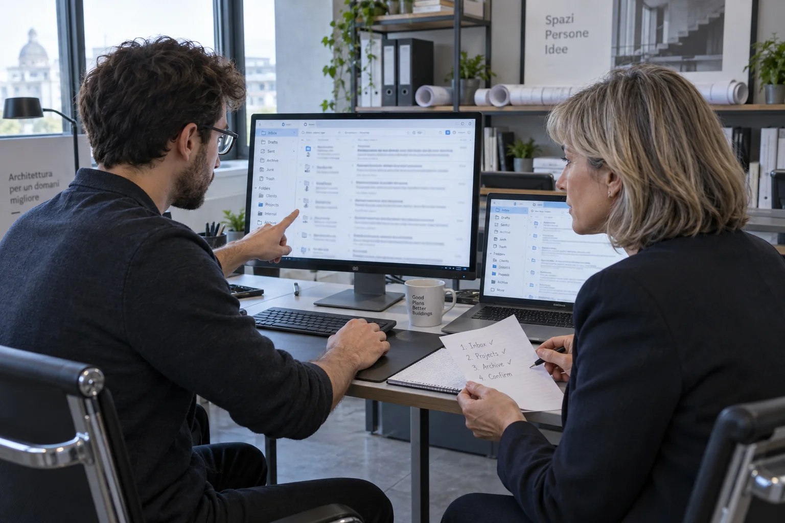 Tecnico e responsabile d’ufficio che controllano il trasferimento delle cartelle di posta su un computer