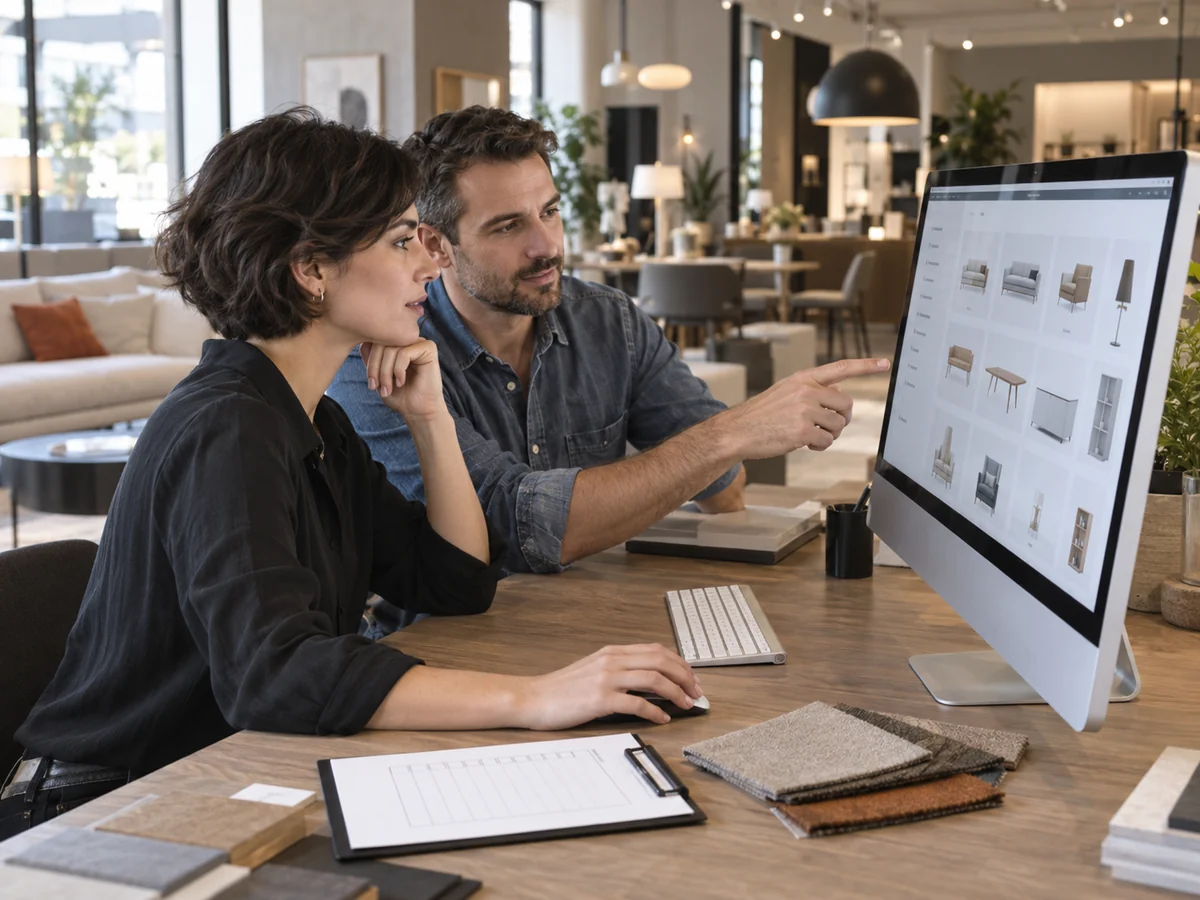 Due specialisti controllano il catalogo online davanti a un computer in uno showroom di arredamento.