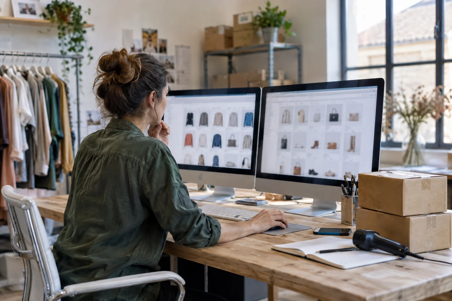Responsabile ecommerce confronta due cataloghi digitali in una postazione con scatole per le spedizioni