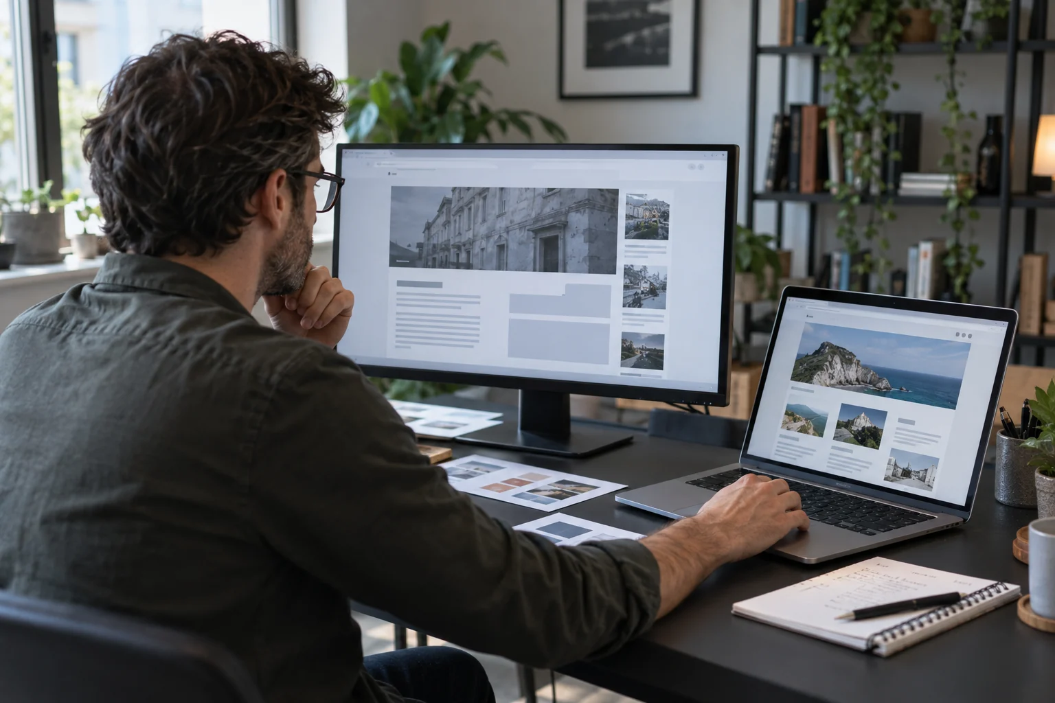 Un professionista organizza la migrazione di un sito lavorando tra un monitor e un computer portatile