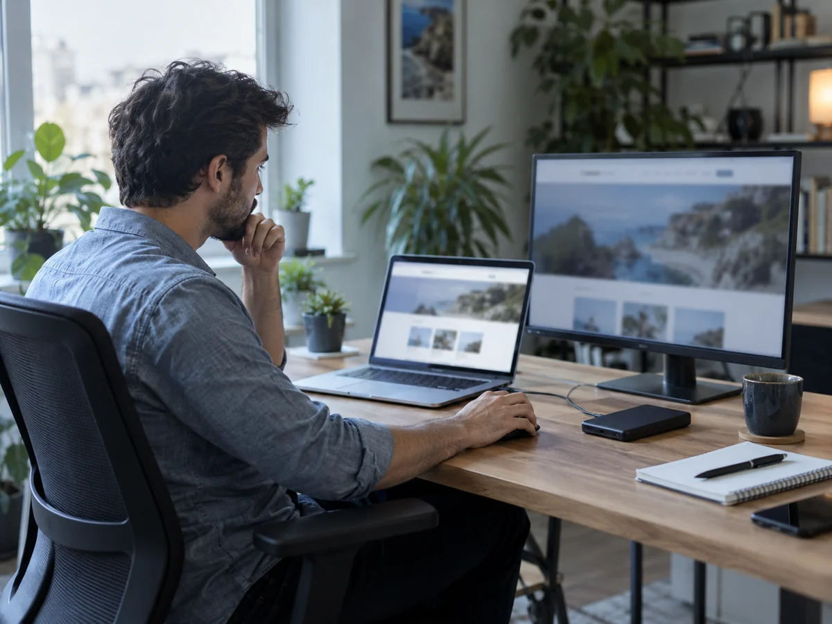 Sviluppatore in un ufficio domestico luminoso confronta un sito su due schermi, con un piccolo disco di backup esterno sulla scrivania