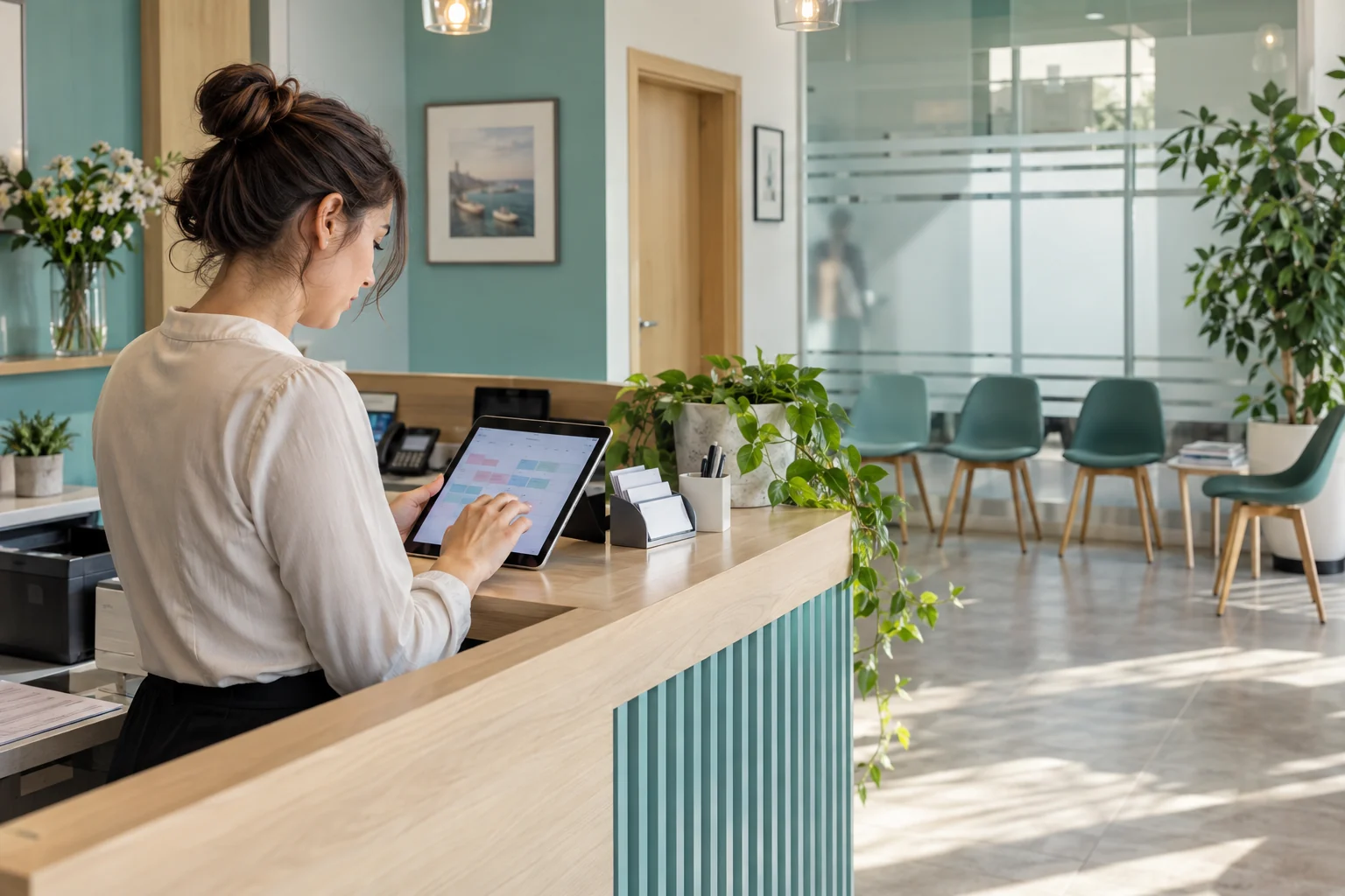 Reception di uno studio medico con addetta che consulta l’agenda degli appuntamenti su tablet