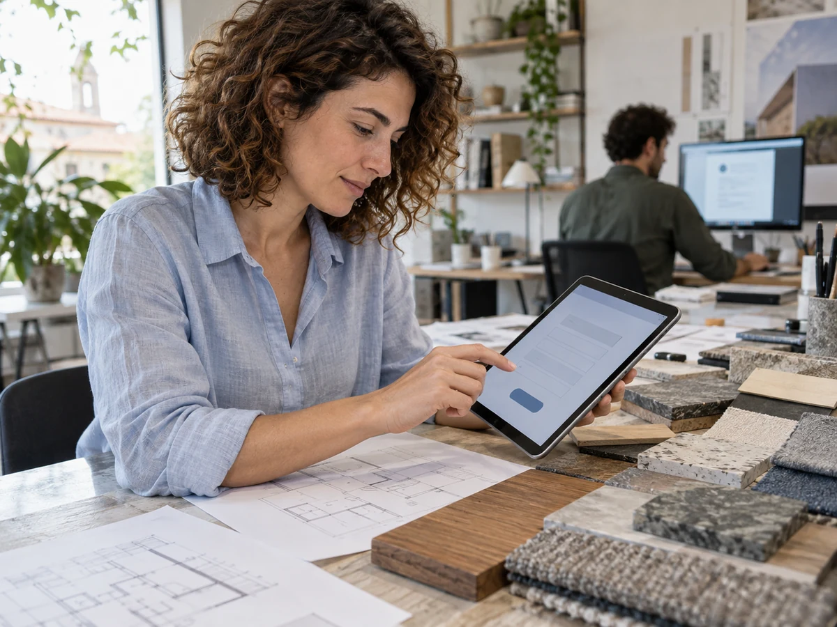 Professionista prova un modulo su un tablet in uno studio di architettura