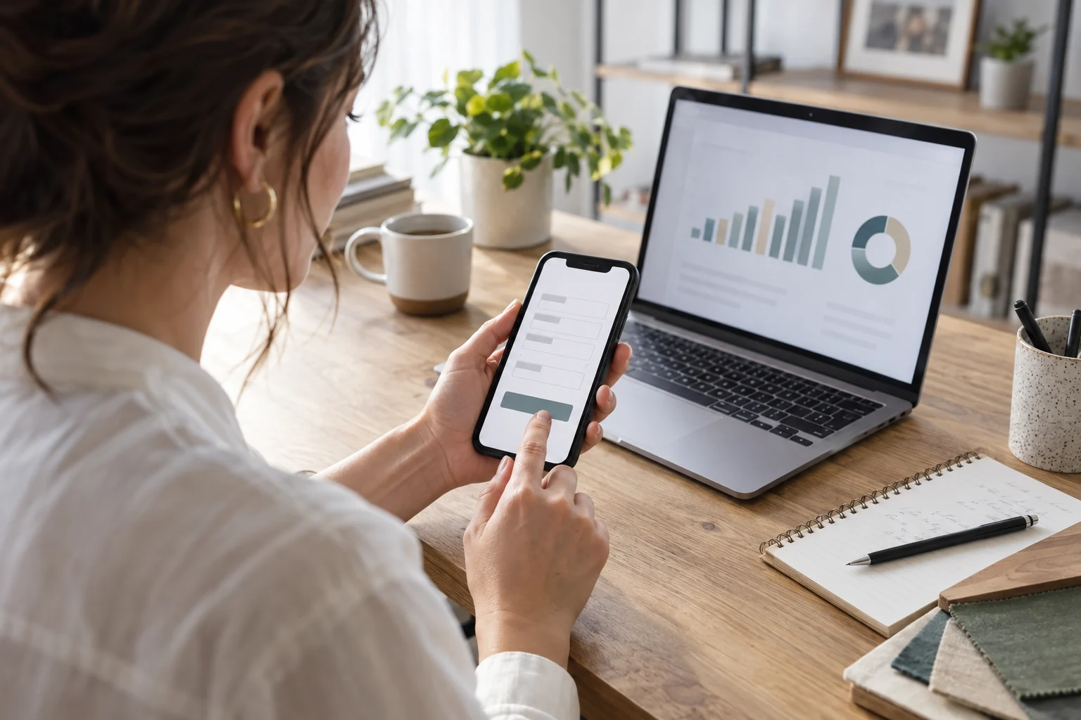 Una professionista controlla un modulo preventivo sullo smartphone accanto al computer portatile