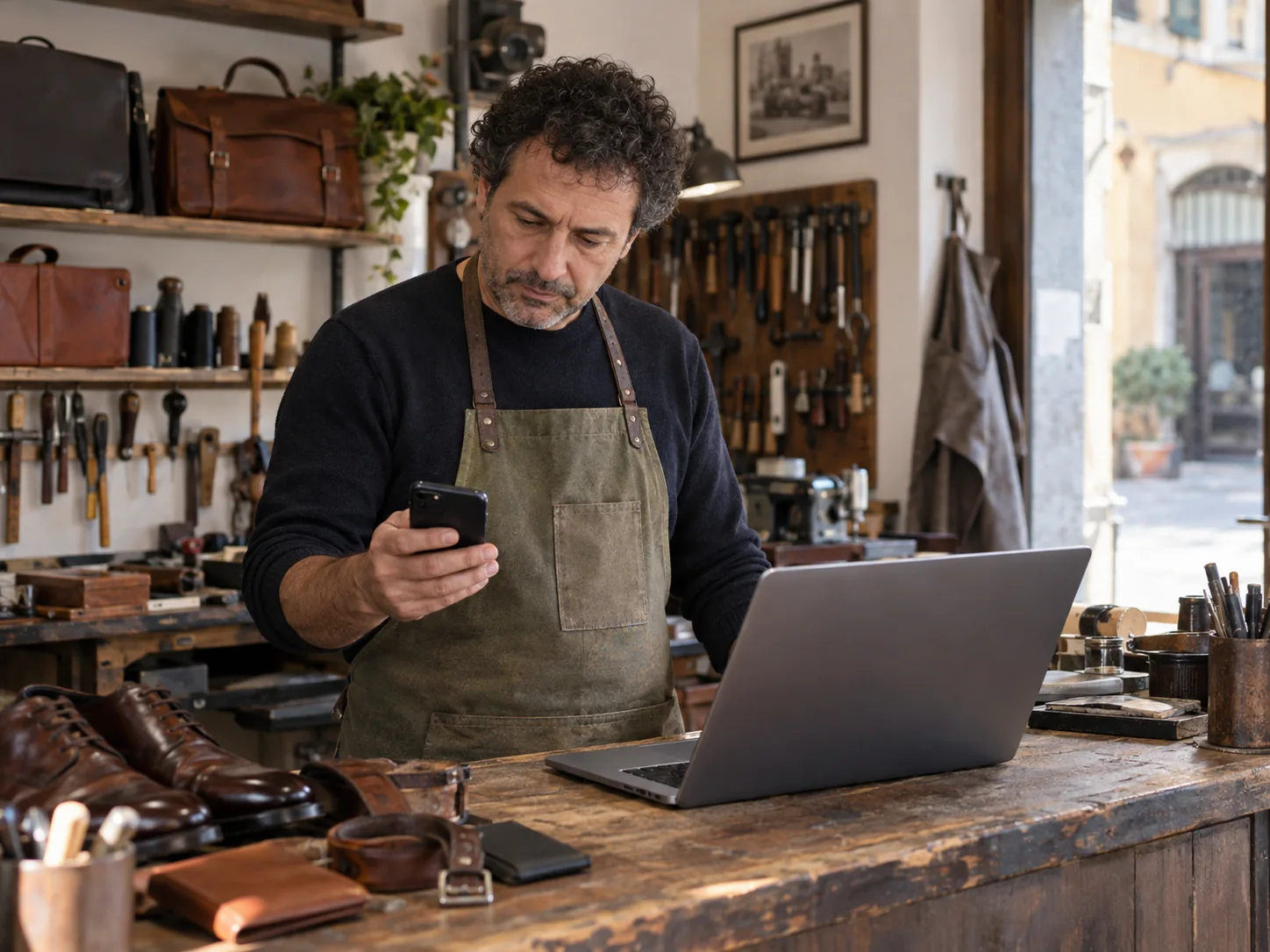 Artigiano in un laboratorio di pelletteria confronta lo smartphone con il portatile sul banco di lavoro.