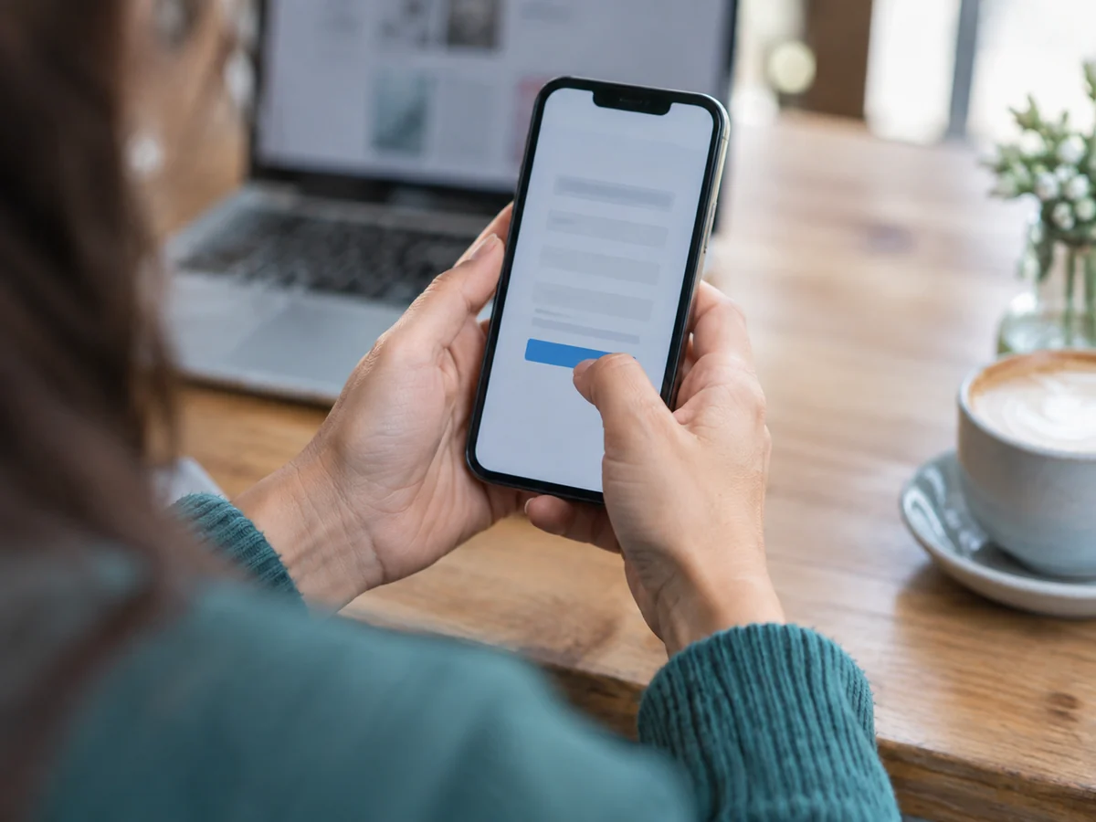 Persona che compila un modulo contatti sullo smartphone, con un portatile sullo sfondo.