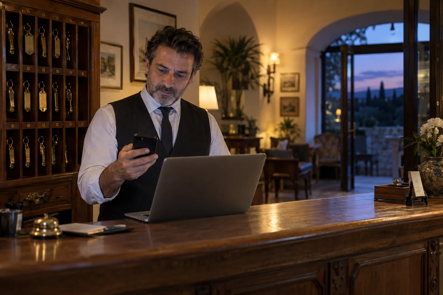 Responsabile di una struttura ricettiva controlla una notifica sul telefono e il sito sul portatile alla reception
