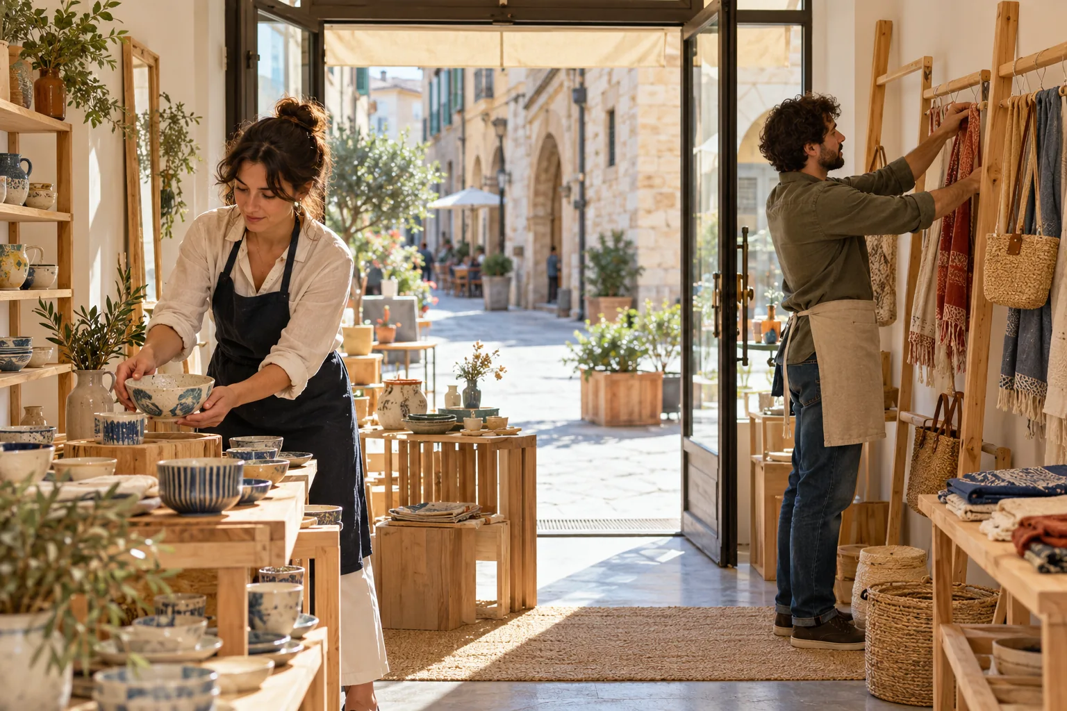 Due proprietari allestiscono un negozio temporaneo con ceramiche e accessori artigianali.