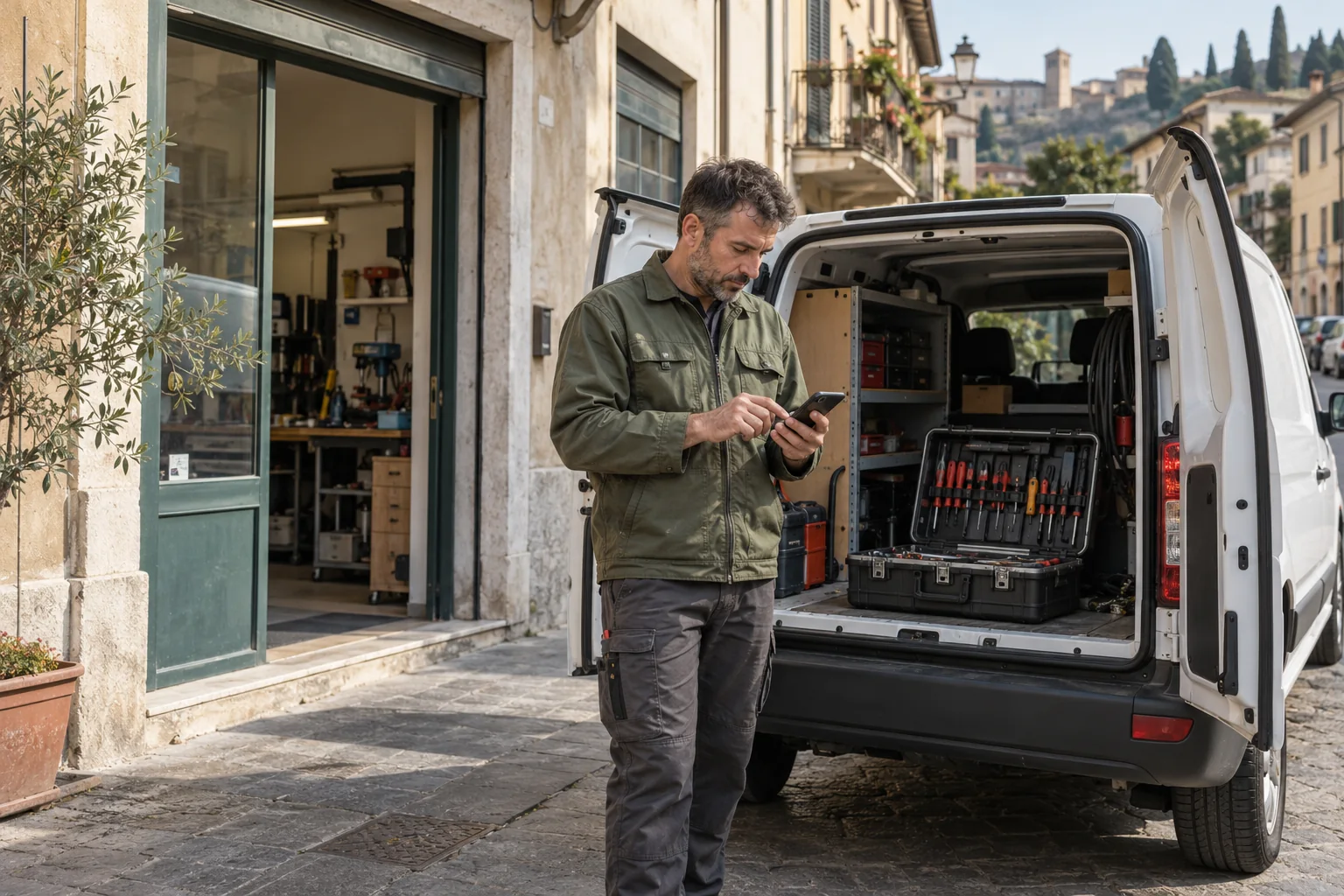 Tecnico accanto al furgone di lavoro davanti al locale che non riceve più clienti.