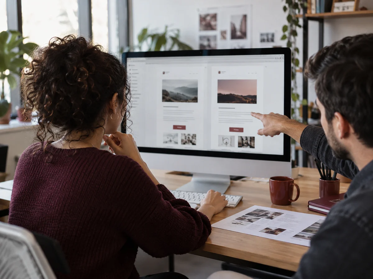Una responsabile marketing e un collega confrontano due anteprime email sul monitor di un computer.