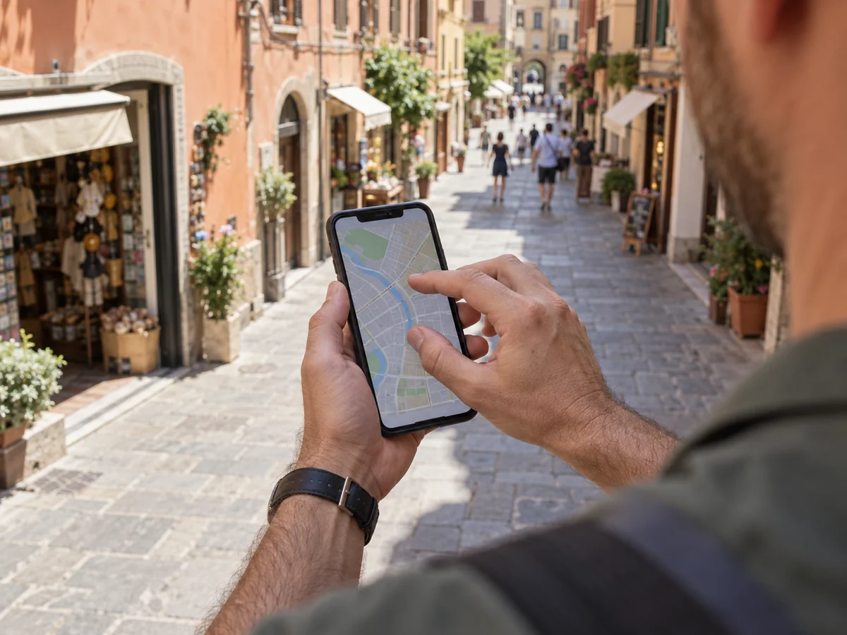 Persona consulta una mappa sullo smartphone in una strada commerciale