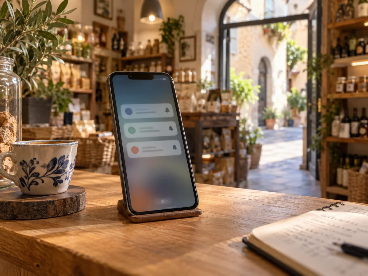 Smartphone con simboli di notifica sul banco di un negozio, accanto a una tazza e a un quaderno.