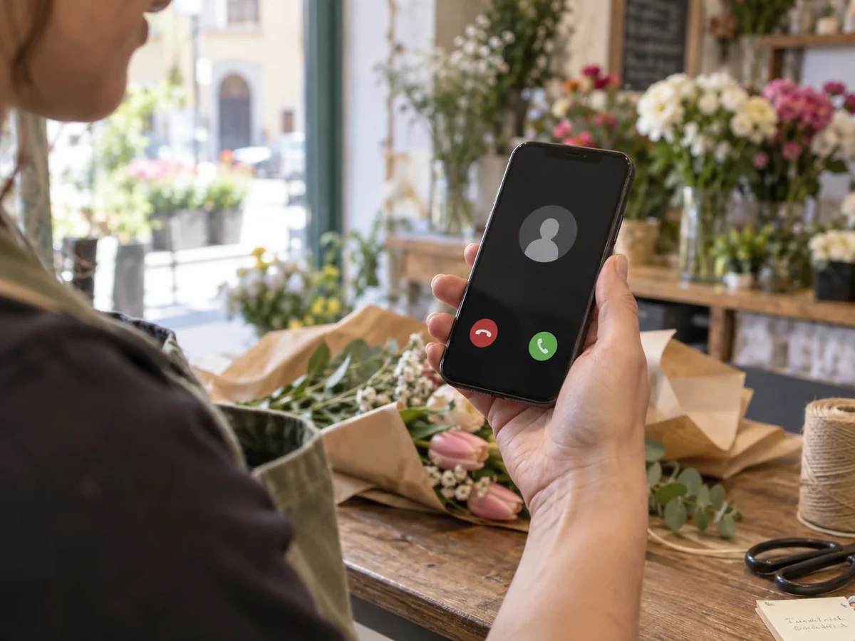 Smartphone durante una chiamata sul banco di un negozio di fiori.