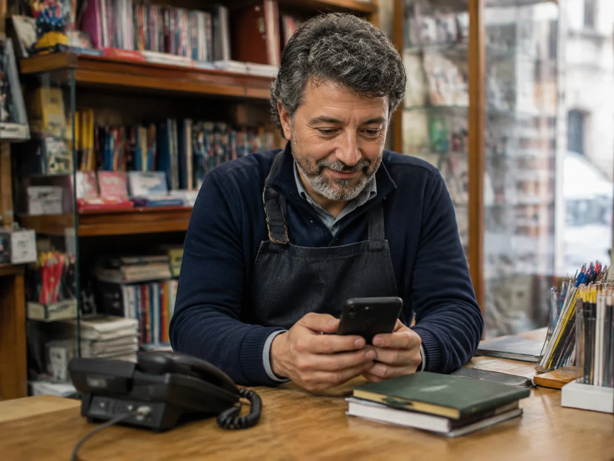 Un titolare controlla lo smartphone al banco di una cartoleria, accanto a un telefono fisso.