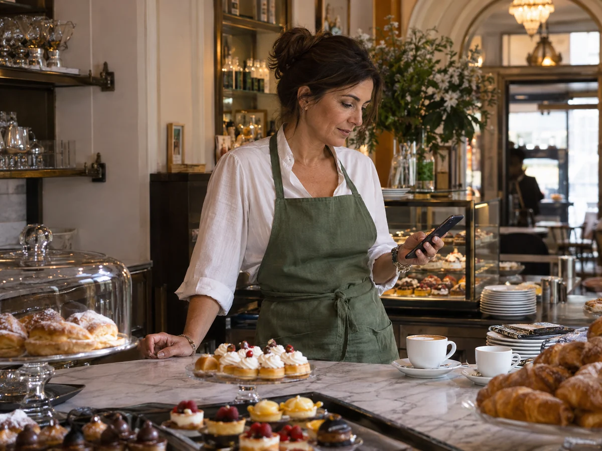 Titolare di una pasticceria che consulta lo smartphone al banco