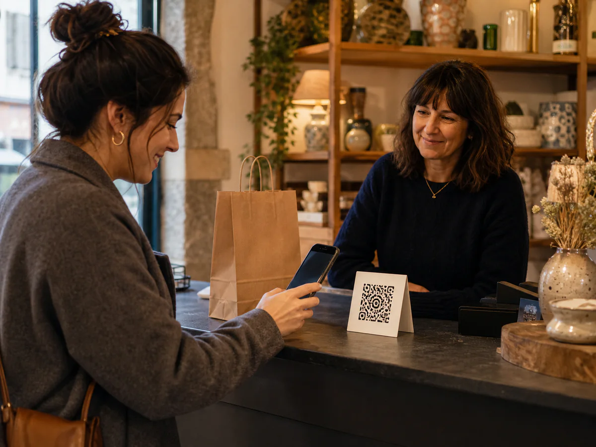 Cliente scansiona un codice QR al bancone dopo un acquisto