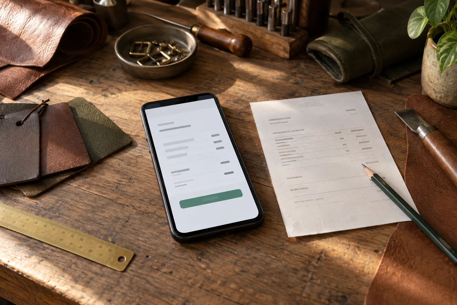 Smartphone su un banco artigiano accanto a un preventivo e agli strumenti di lavoro