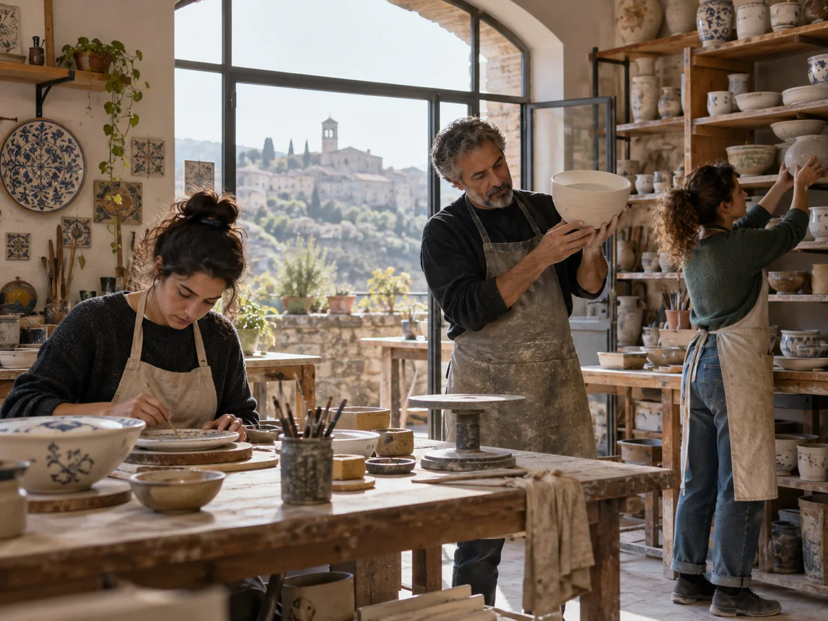 Piccolo gruppo di professionisti nel laboratorio con banchi di lavoro, strumenti e materiali