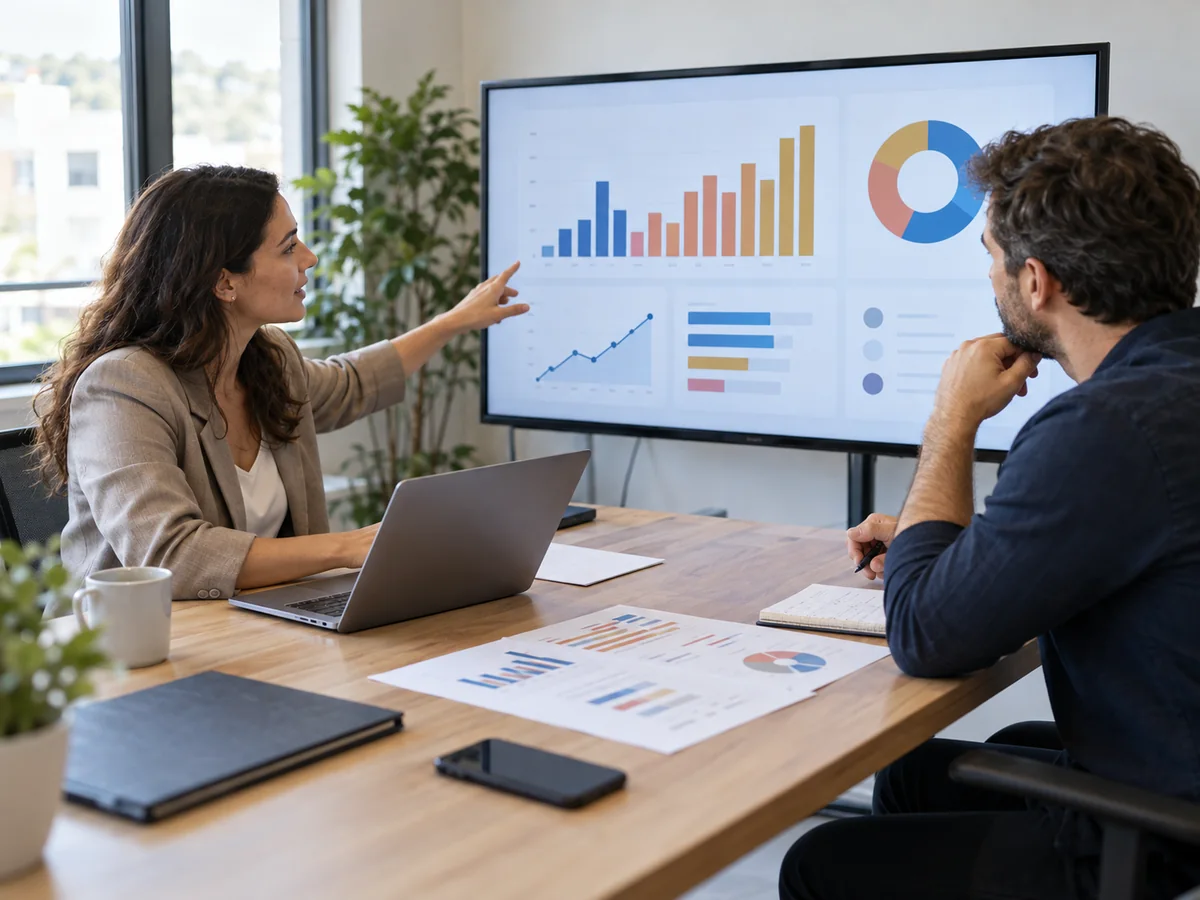 Consulente donna e imprenditore uomo confrontano grafici su un grande monitor in una sala riunioni