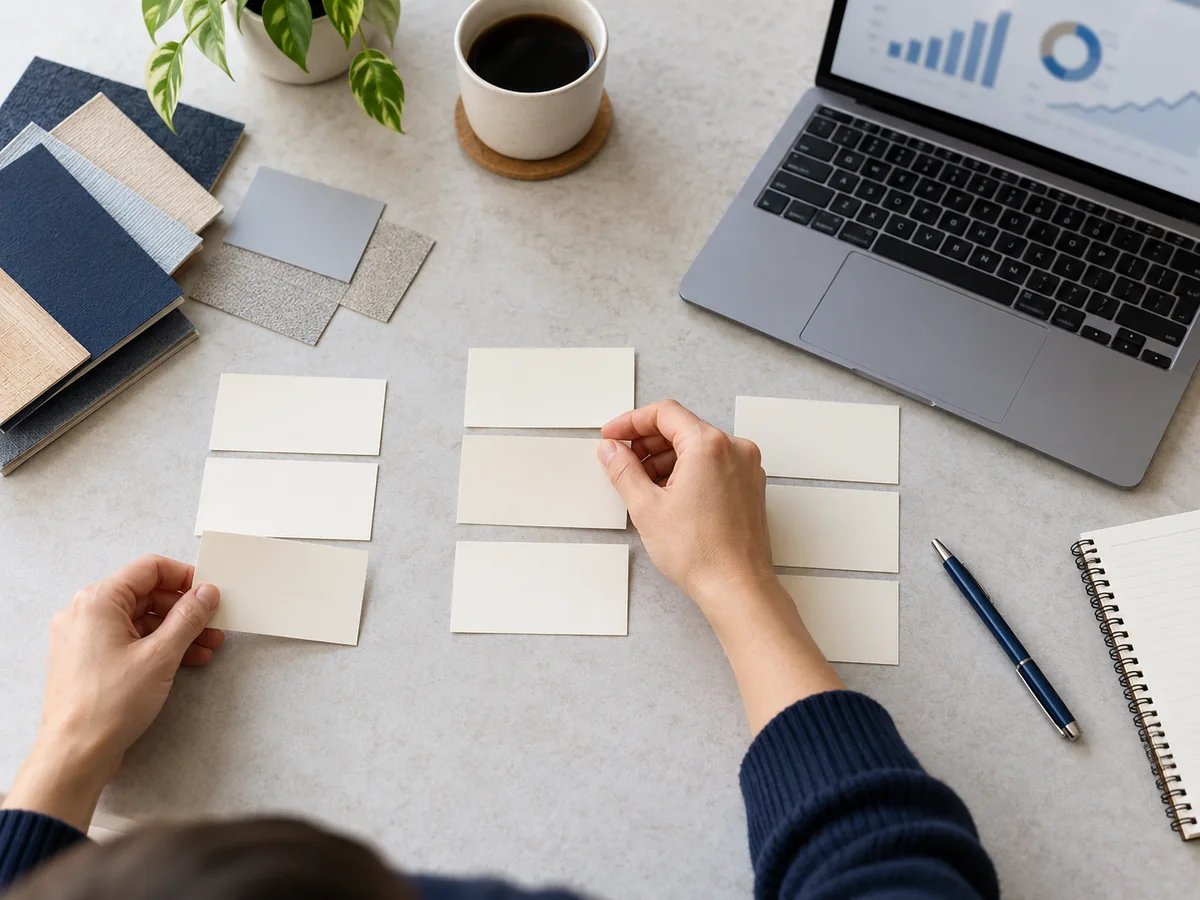 Professionista organizza appunti sulle ricerche dei clienti accanto a un computer portatile