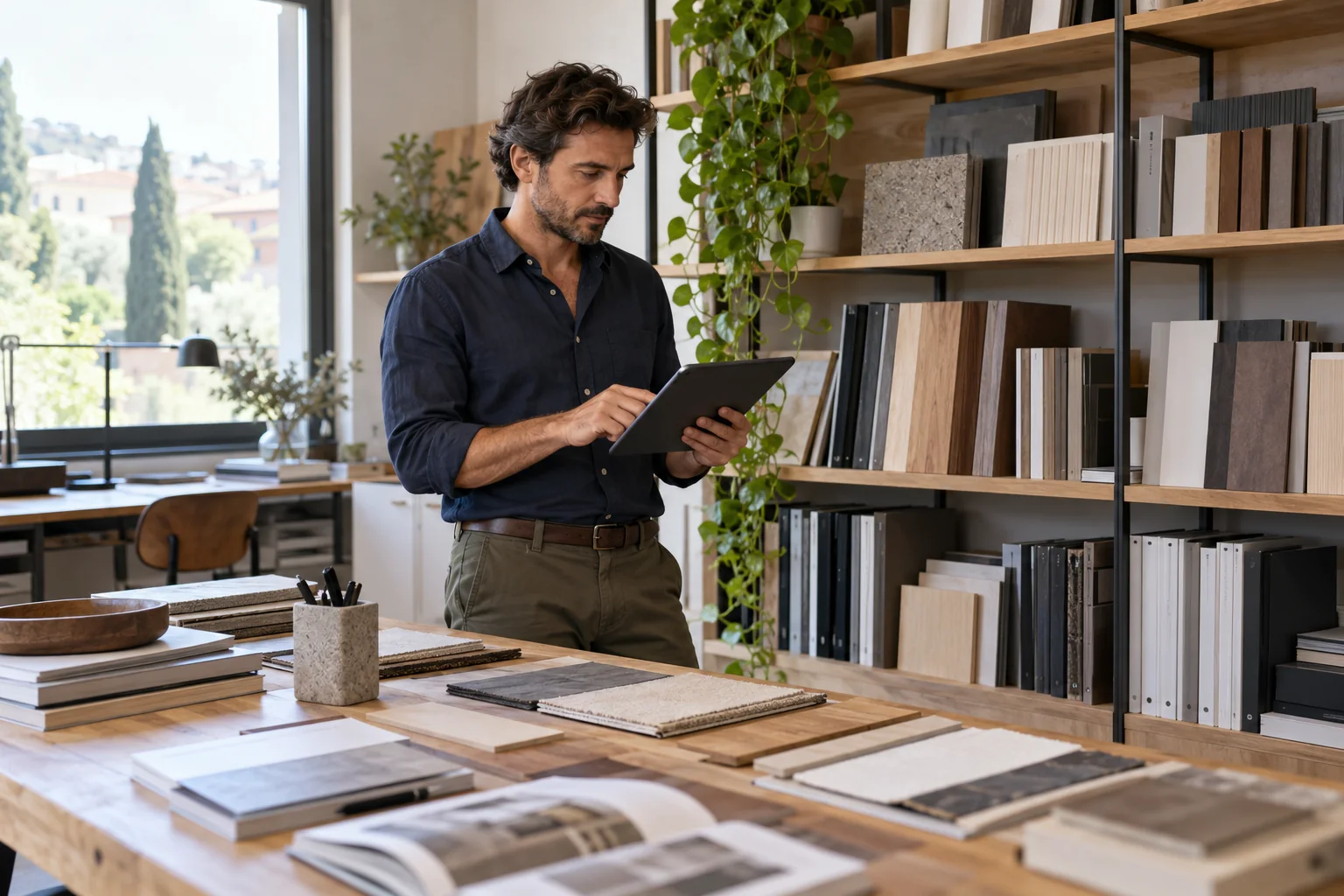 Imprenditore consulta un tablet nello studio accanto a una libreria con cataloghi di prodotti.