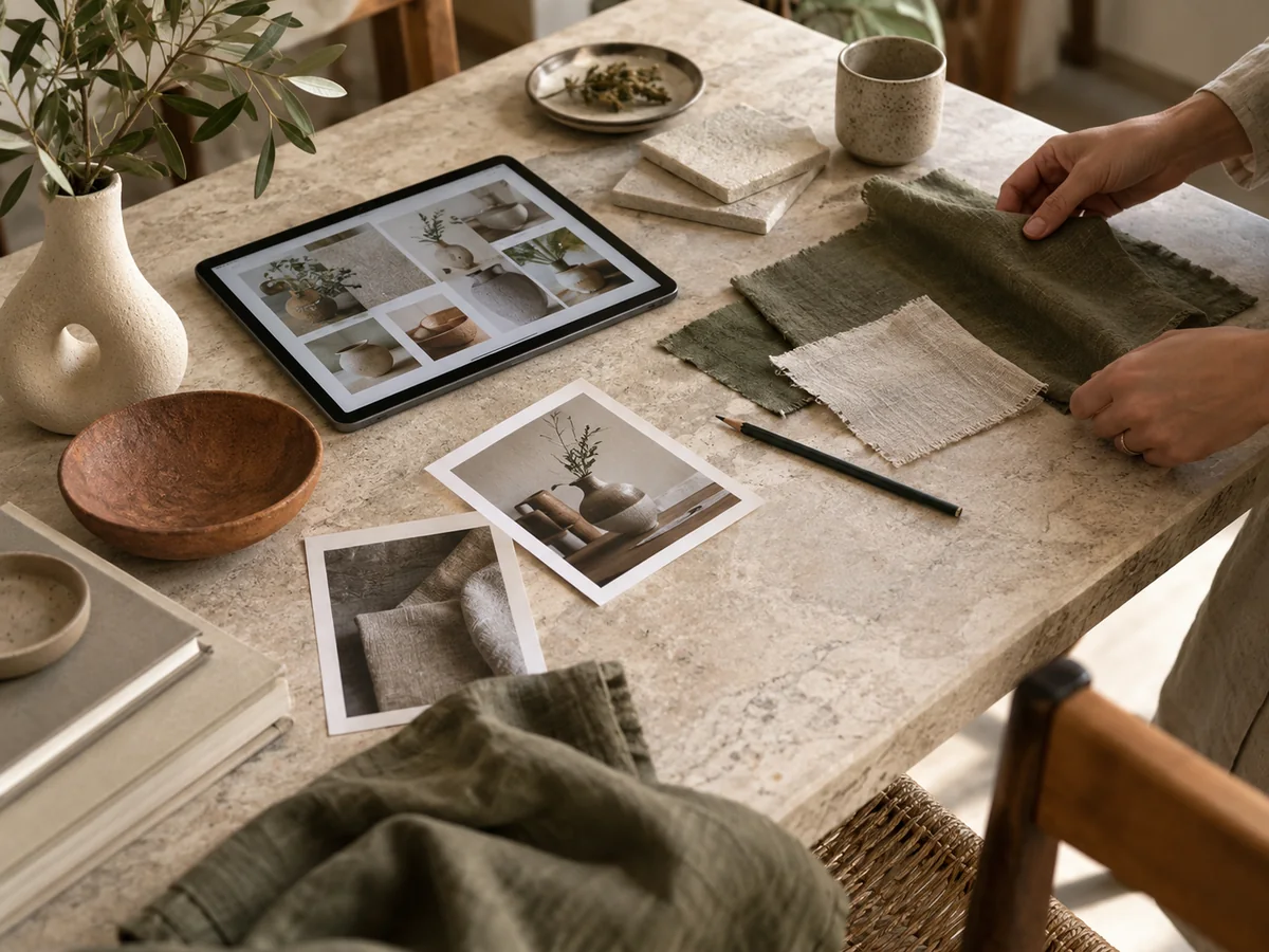 Tavolo di lavoro con campioni di tessuto, oggetti d’arredo e un tablet usato per organizzare una selezione di prodotti.