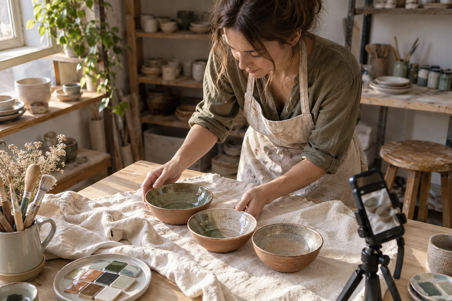Artigiana che prepara una composizione di ceramiche da fotografare nel suo laboratorio