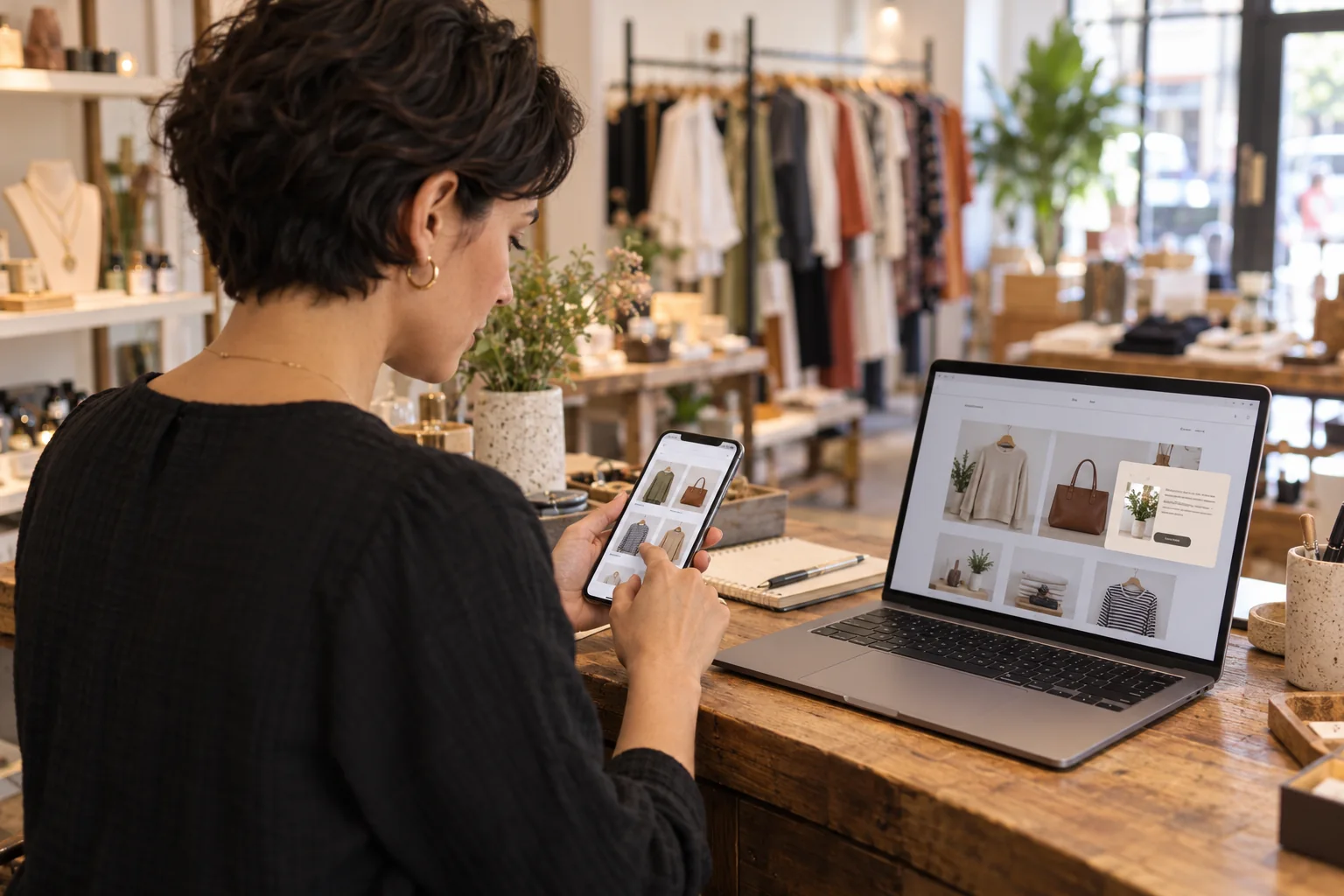 Una professionista verifica sullo smartphone la leggibilità di una pagina promozionale del sito.