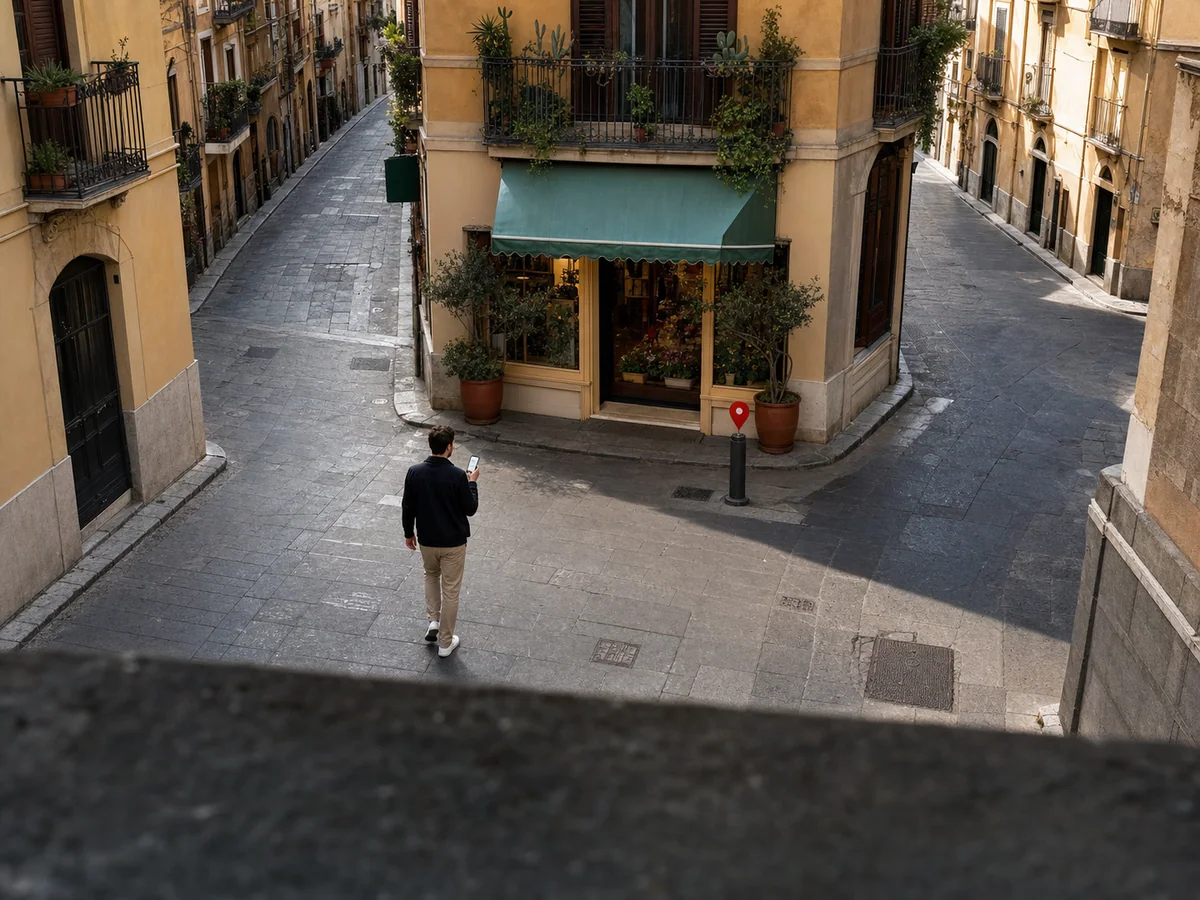 Cliente raggiunge un’attività locale seguendo la mappa sullo smartphone