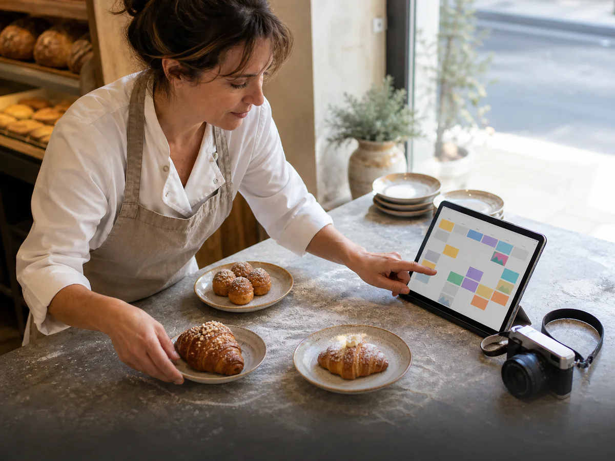 Titolare prepara una fotografia di prodotto e un aggiornamento sul tablet