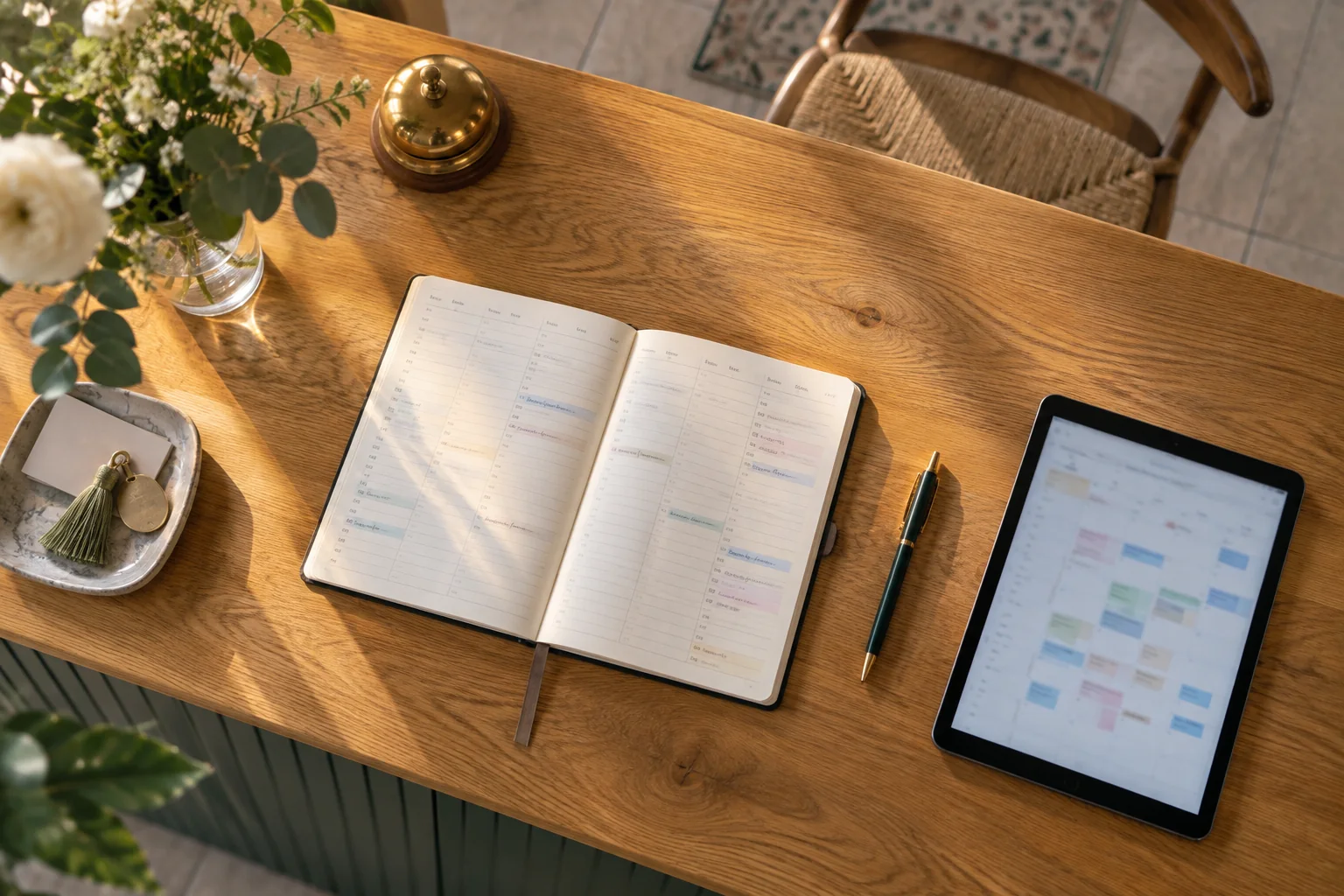 Agenda aperta e tablet con calendario su un banco di accoglienza in legno.