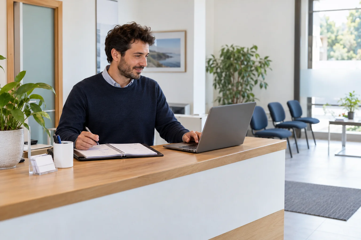 Un addetto alla reception controlla un portatile accanto a un’agenda cartacea sul banco di un centro con sala d’attesa.